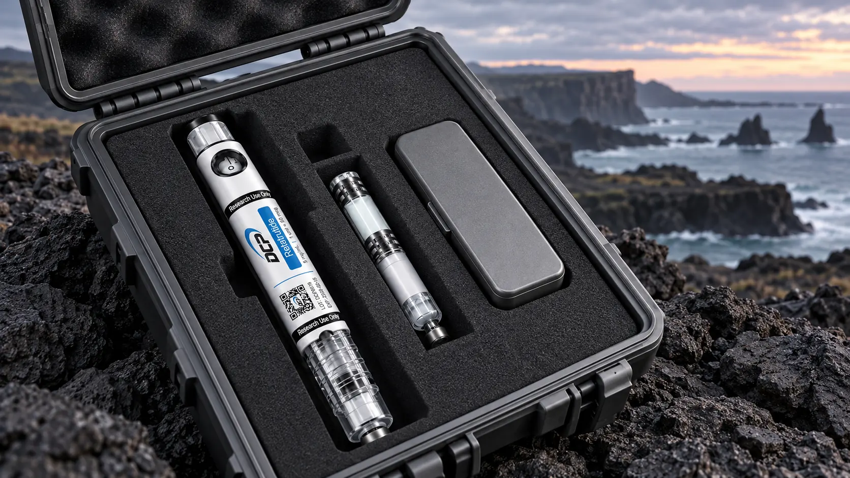 Dual Chamber Peptides — Izmišljena uredniška scena; ni nasvet za shranjevanje na prostem ali validiran sistem dostave.