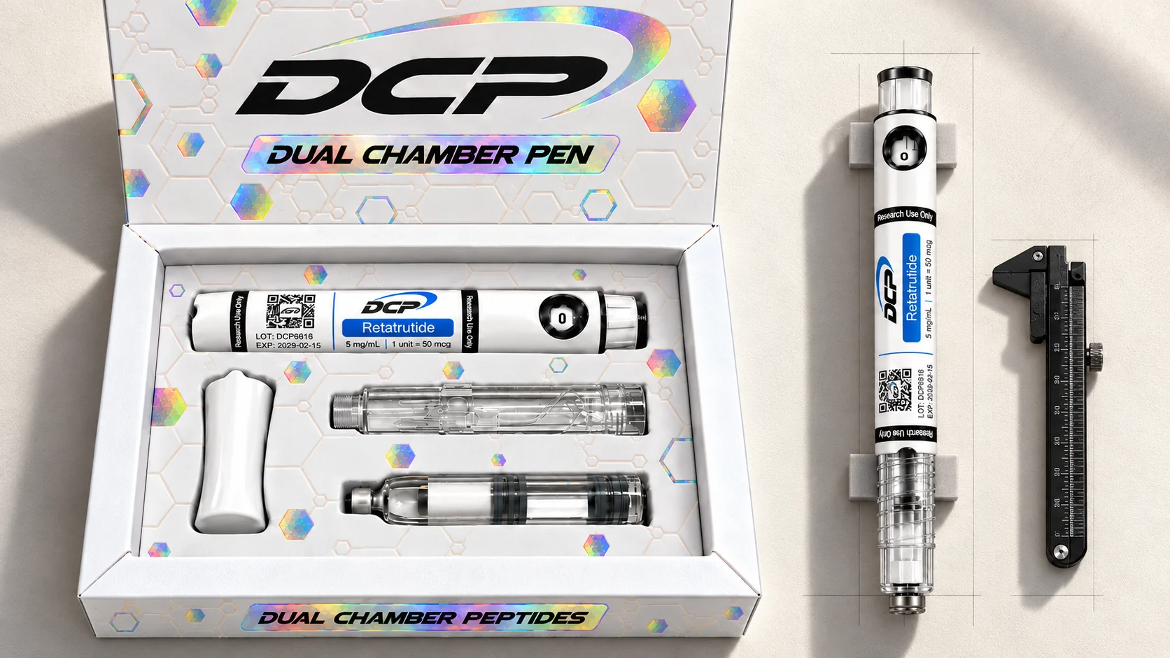 Dual Chamber Peptides — Uredniška postavitev izdelkov; ni fotografija dejanskih prostorov, dodatkov ali rezultatov testov.