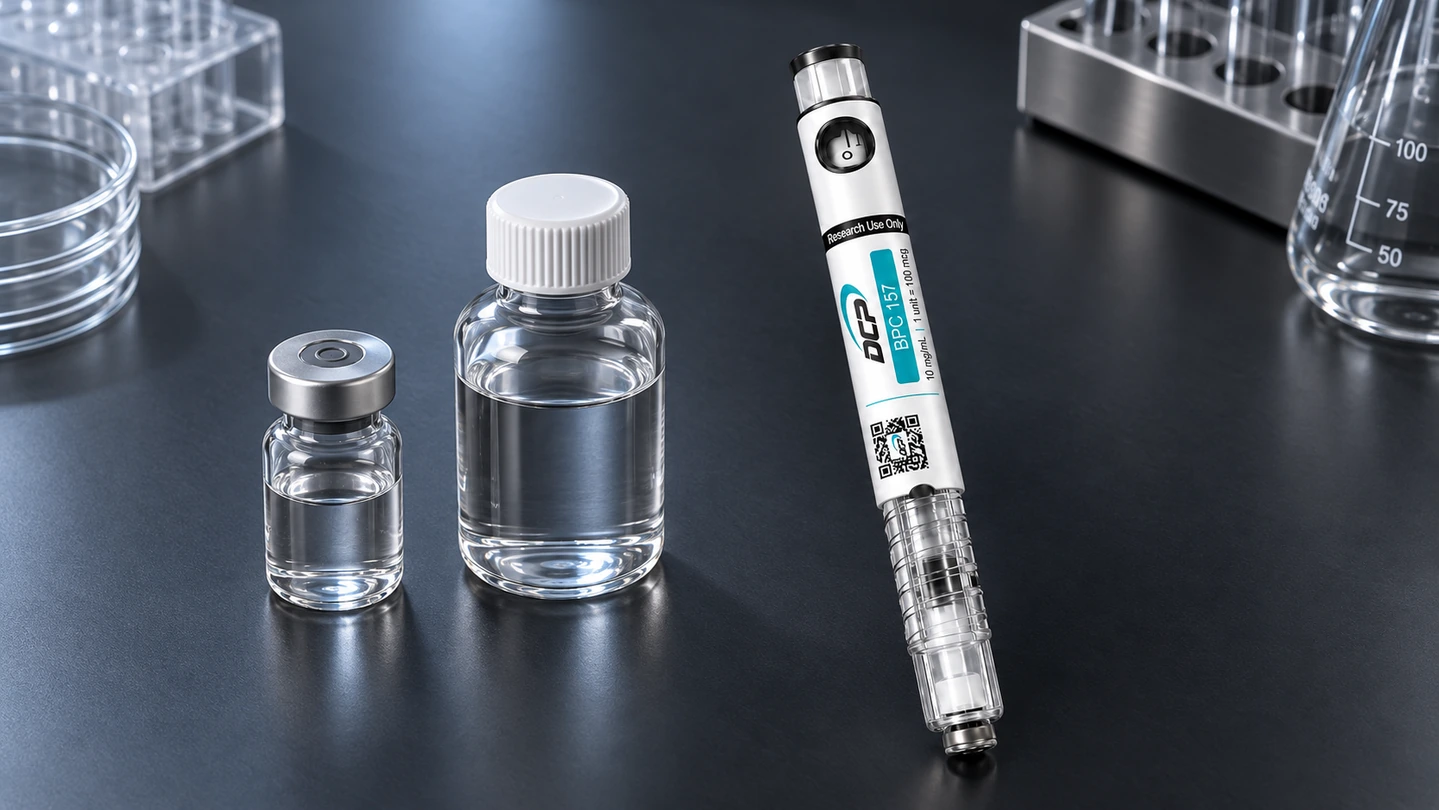 Injekcijski peresnik Dual Chamber Peptides poleg klasične viale, steklenice s topilom in zapakirane laboratorijske opreme